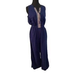 Old Navy Women Navy Blue Linen Blend Jumpsuit Embroidered V Neck Elastic Wais XS